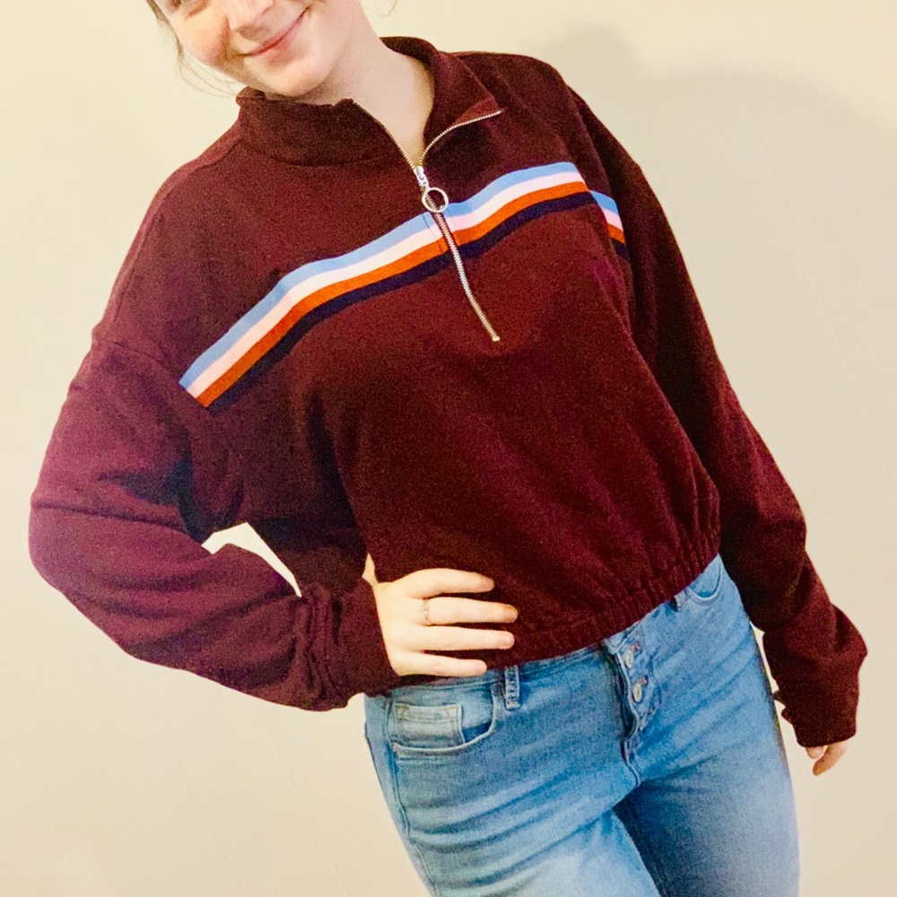 Cropped Maroon Sweatshirt w/ Rainbow Accent